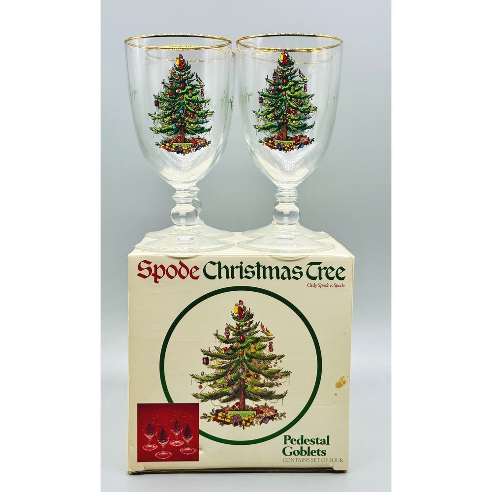 Spode Christmas Tree Pedestal Goblets Water Iced Tea Gold Trim Set of 4